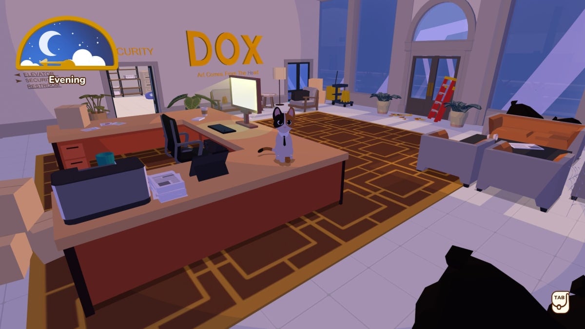 The titular cat secretary sits on a desk
