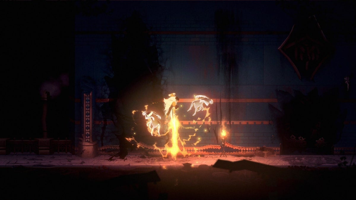 A man jumps into the air and shoots fire at the ground, sending two people flying in the air.