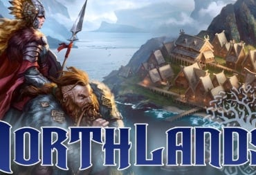 A woman in armor and a dwarf overlooking a norse town. The title, 