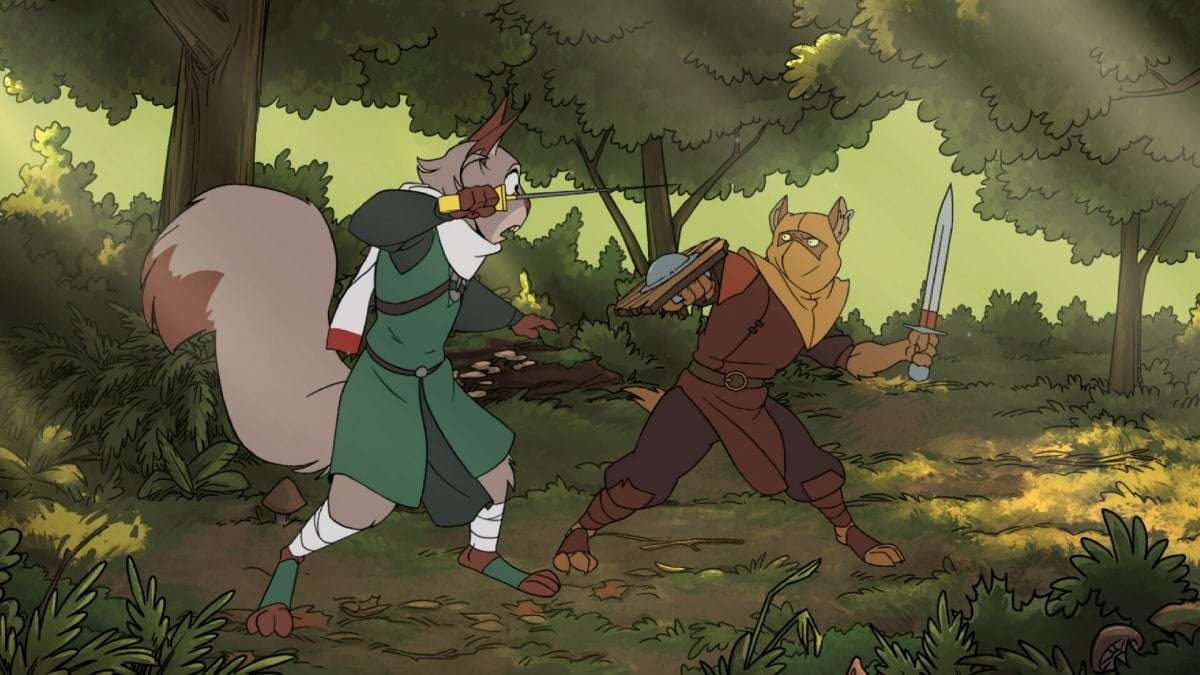 A squirrel wielding a sword with a surprised look on her face facing off with a dog holding a sword and shield.